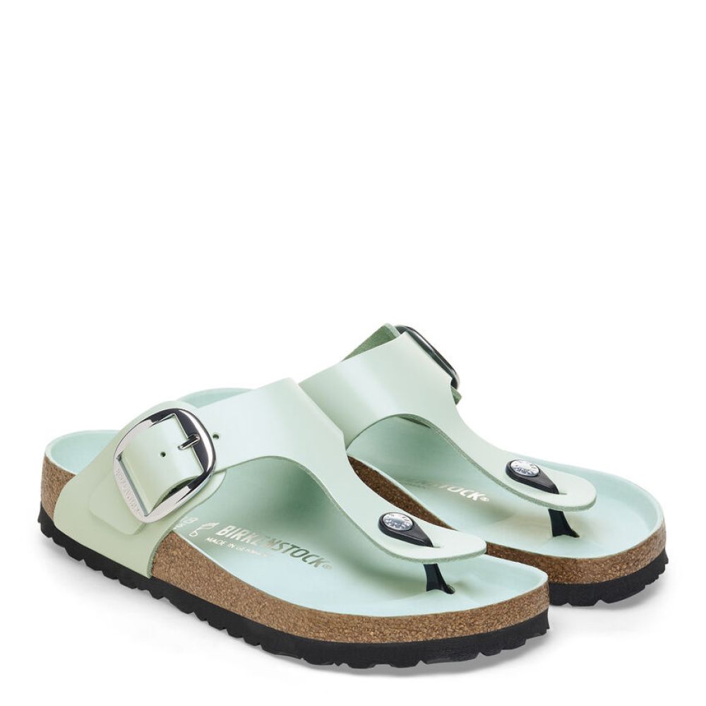 Birkenstock Women s Gizeh Big Buckle Natural Leather Patent in High Shine Surf Green