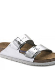 Birkenstock Women's Arizona Softbed Leather in Metallic Silver (Narrow Width)