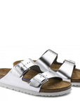 Birkenstock Women's Arizona Softbed Leather in Metallic Silver (Narrow Width)