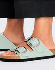 Birkenstock Women's Arizona Big Buckle Natural Leather Patent in High Shine Surf Green (Narrow Width)