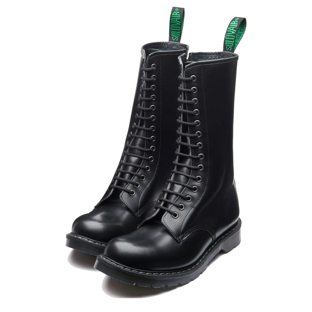 Solovair 14 Eye Zip Platform Derby Boot in Black Hi-Shine